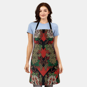 Tablier Motif floral japonais vintage pivoine rouge noir