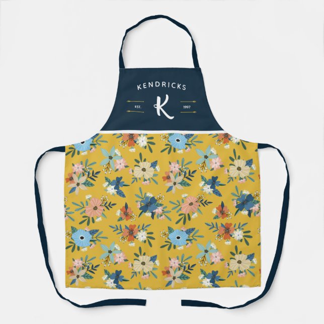 Tablier Motif Floral Jaune et Bleu Monogramme famille (Recto)