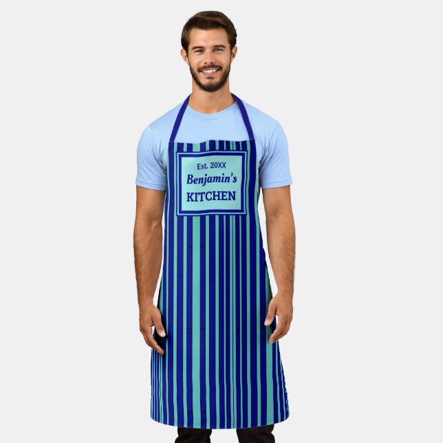 Tablier Motif géométrique en bande bleue Chef Personnalise (Porté)