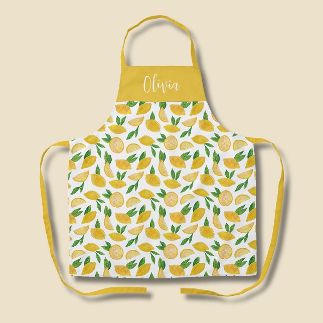 Tablier Motif Lemon Méditerranéen (Personlized kitchen apron in citrus lemon pattern)