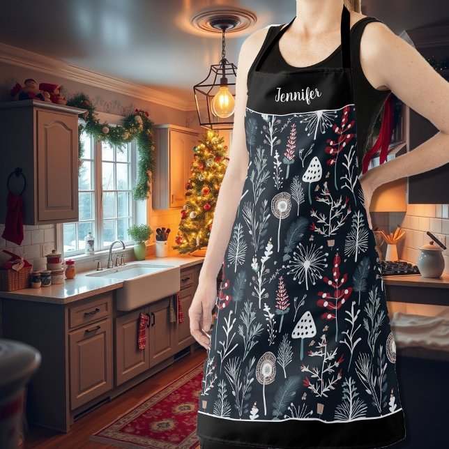 Tablier Motif moderne aquarelle fleurs florales Noël (Modern watercolor floral flowers christmas pattern apron. You can add your own name.)