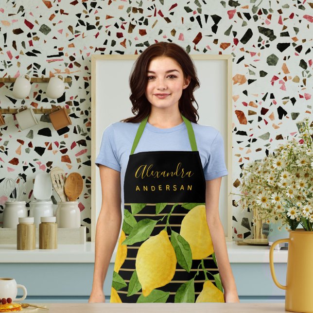 Tablier Motif moderne citron personnalisé (Lemon Citrus Watercolour Script Name Stylish Chef Apron)