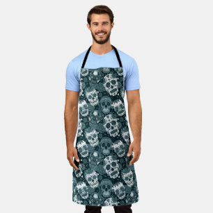 Tablier motif ornemental floral crâne en sucre bleu rétro