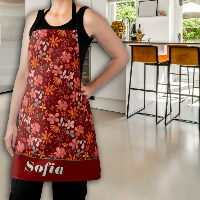 Tablier motif rose fleur sauvage nom personnalisé rouge (Créateur téléchargé)