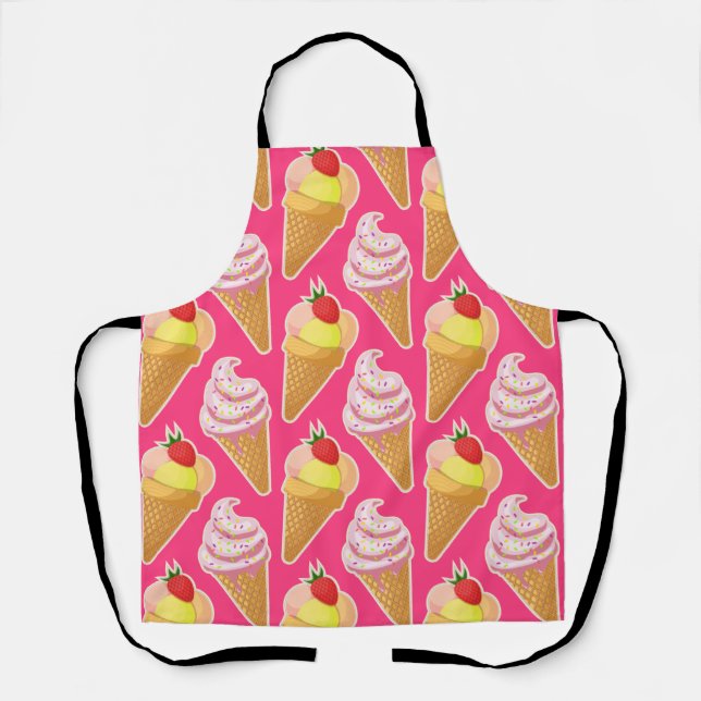Tablier Motif rose Kawaii avec crème glacée aux fraises (Recto)