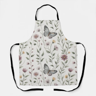 Tablier Motif sans couture Papillon et Fleur Sauvage Beige