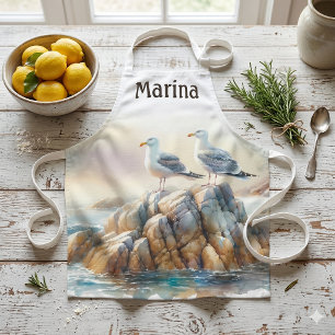 Tablier Mouettes côtières aquarelle paysage marin