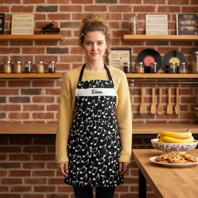 Tablier Musique personnalisée en noir et blanc (Personalized musical notes kitchen apron with custom name. Awesome gift for a music lover and baker.)