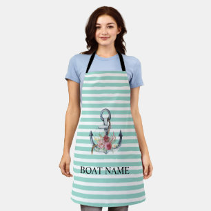 Tablier Nautique, Fleurs d'ancre Rayures Vert Menthe