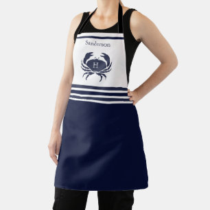 Tablier nautique Monogramme Marine Bleu Crabe Blan