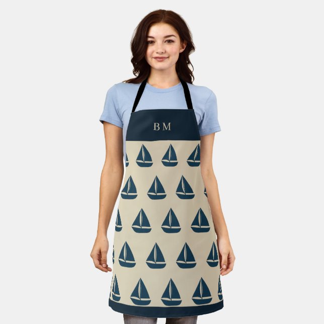 Tablier Navire bleu marine roue & Monogram Beige Maison cô (Porté)