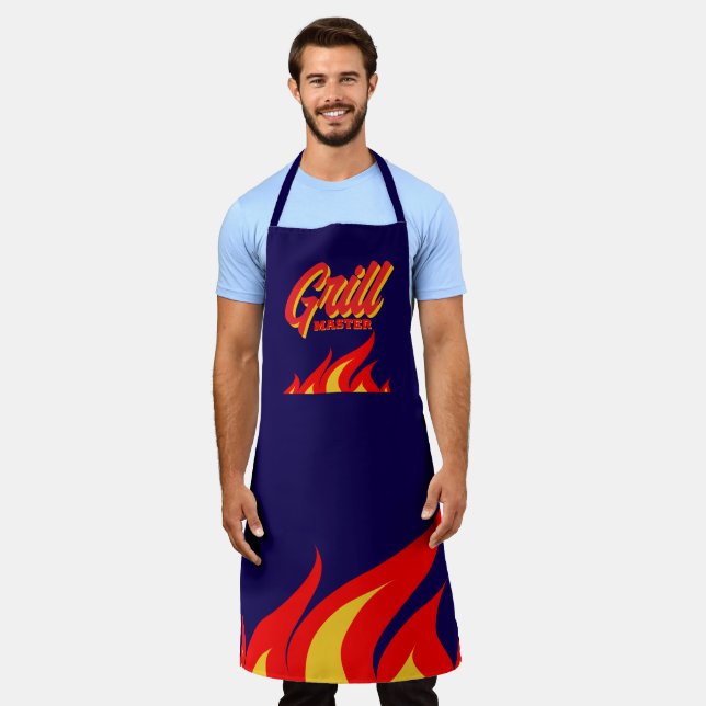 Tablier Navy blue BBQ apron with red hot fire flames (Porté)