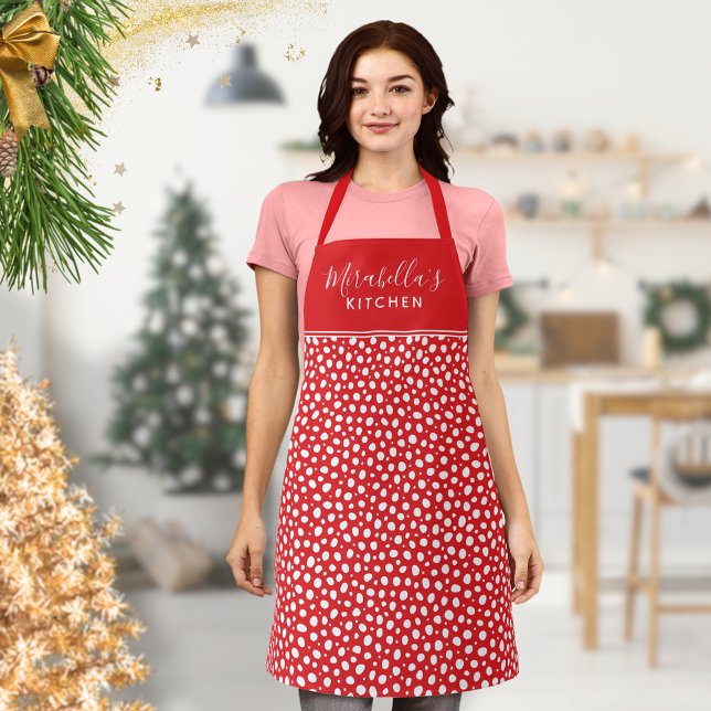 Tablier Noël des Pois blancs rouges monogrammes (Créateur téléchargé)
