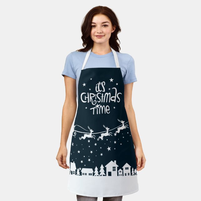 Tablier Noël fête bleue vacances père Noël rennes (Porté)