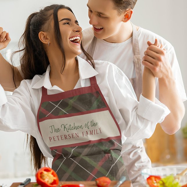Tablier Noël plaid rouge vert nom de famille personnalisé (Créateur téléchargé)