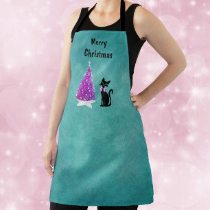 Tablier Noël Rose Arbre Argent Étoile Tapis Chat Noir Sarc