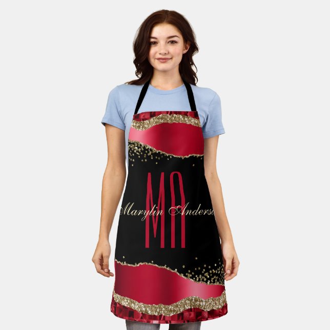 TABLIER NOËL ROUGE & OR LARMES CHIC MONOGRAM PERSONNALISÉ (Porté)