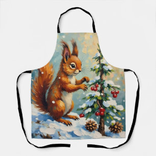 Tablier Noël sous un pin sylvestre avec un écureuil rouge 
