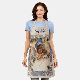 Tablier Noël vintage, Ange victorien avec cloches d'or