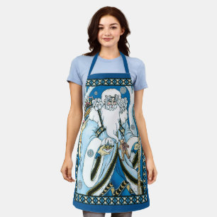 Tablier Noël Vintage, Père Noël Bleu avec Snowglobe