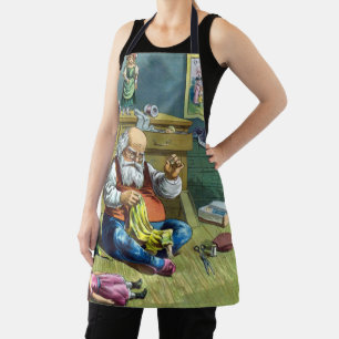 Tablier Noël Vintage, Père Noël Fabriquant Des Poupées De 