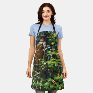 Tablier Noël vintage, Père Noël victorien avec arbre