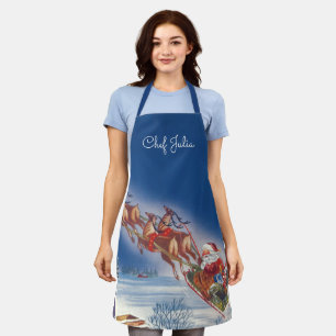 Tablier Noël vintage, Père Noël volant son traîneau avec d