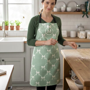 Tablier Nœuds Coquette Gingham Monogramme Crème Vert Sauge