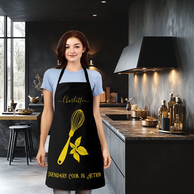 Tablier Noir avec classique Gold Whisk et Herb Design (Créateur téléchargé)