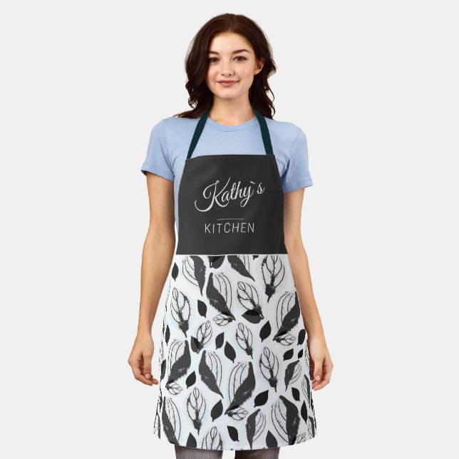 Tablier Noir Blanc Basil Herbe Feuille Motif Nom botanique (Porté)