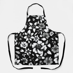 Tablier Noir Blanc Feuilles Florales Modernes qui Volent