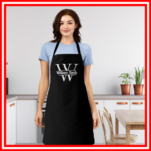 Tablier Noir et Blanc Monogramme de nom de famille simpl