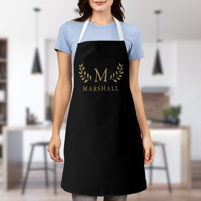 Tablier Noir Et Or Moderne Élégant Monogramme Floral Nom (Black And Gold Modern Elegant Floral Monogram Name Apron)