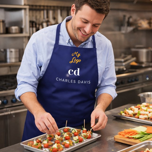 Tablier Nom commercial bleu marine monogramme blanc nom (Créateur téléchargé)