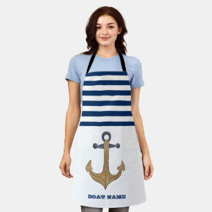 Tablier Nom de bateau nautique, Rayure bleu marine d'ancre
