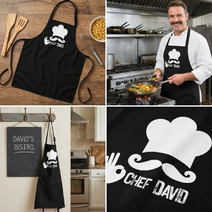 Tablier Nom de chef à moustache noire drôle