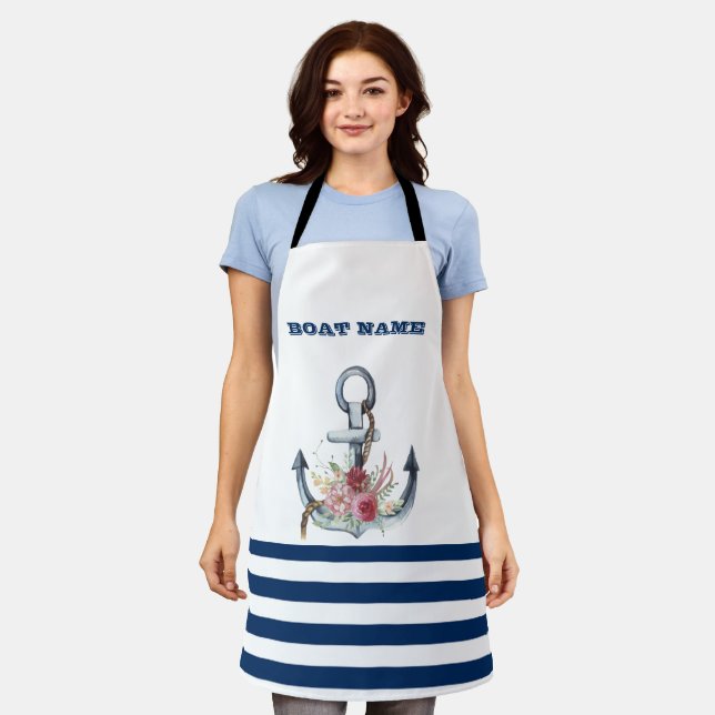 Tablier Nom du bateau, Fleurs d'Ancres Bleus de marine (Porté)