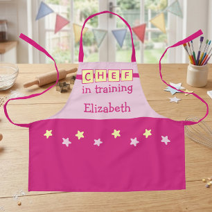 Tablier Nom du Chef Enfant étoiles rose jaune