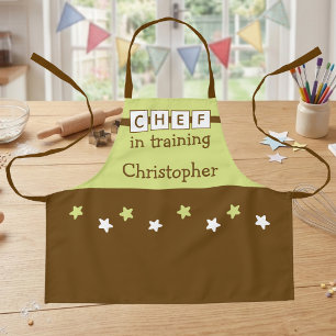 Tablier Nom du Chef Enfant étoiles vert marron