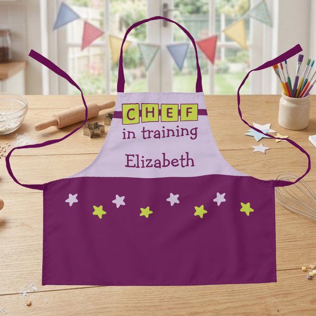 Tablier Nom du Chef Enfant étoiles violet vert (Créateur téléchargé)