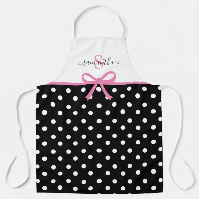 Tablier Nom du monogramme Cuisine à ruban Pois noirs roses (Recto)
