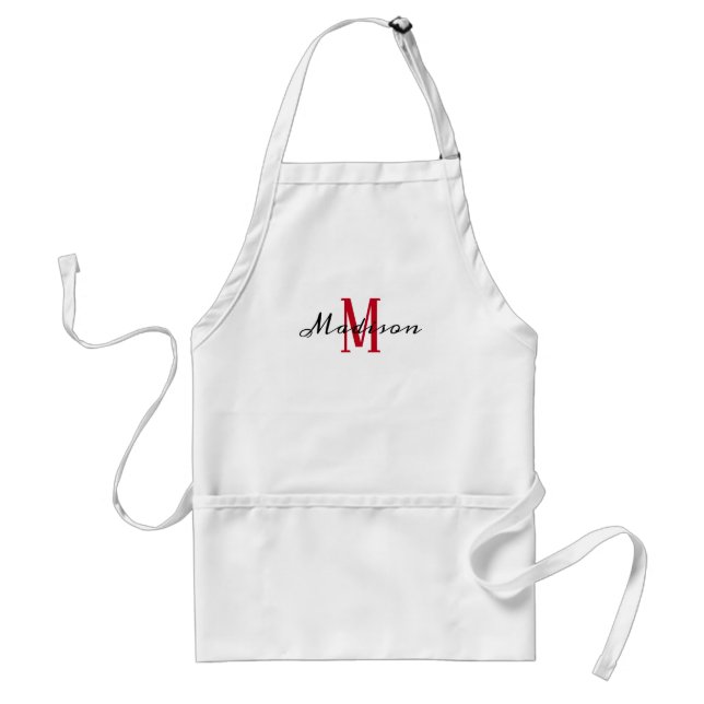 Tablier Nom du monogramme Femme de script rouge blanc (Devant)