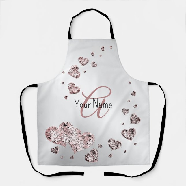 Tablier Nom du monogramme Peach rose Coeurs brillants Géom (Recto)