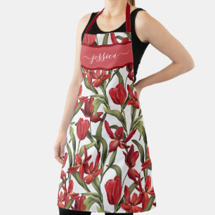 Tablier Nom du script de tulipes rouges chic