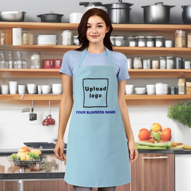Tablier Nom et logo de l'entreprise sur le polyester bleu  (Your business name and logo on light blue apron.)