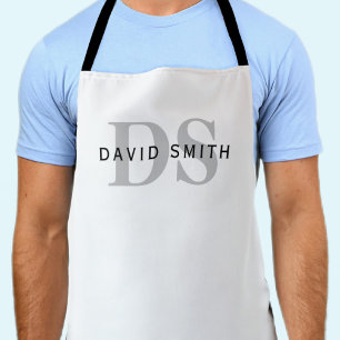 Tablier Nom et monogramme modernes   Blanc noir et gris