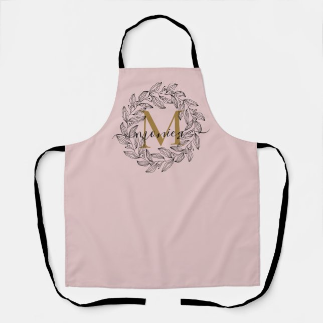 Tablier Nom floral élégant Monogramme initial Rose Noir (Recto)