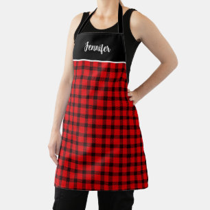 Tablier Nom monogramme de plaid de buffle rouge rustique