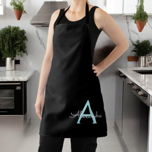 Tablier Nom Monogramme Féminin Écriture Aqua Bleu Turquois