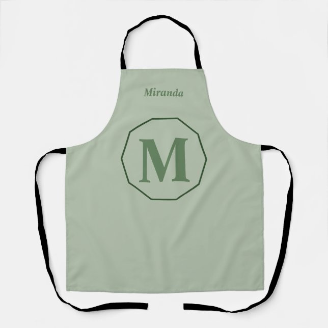 Tablier Nom monogramme minimaliste Sage Green personnalisé (Recto)